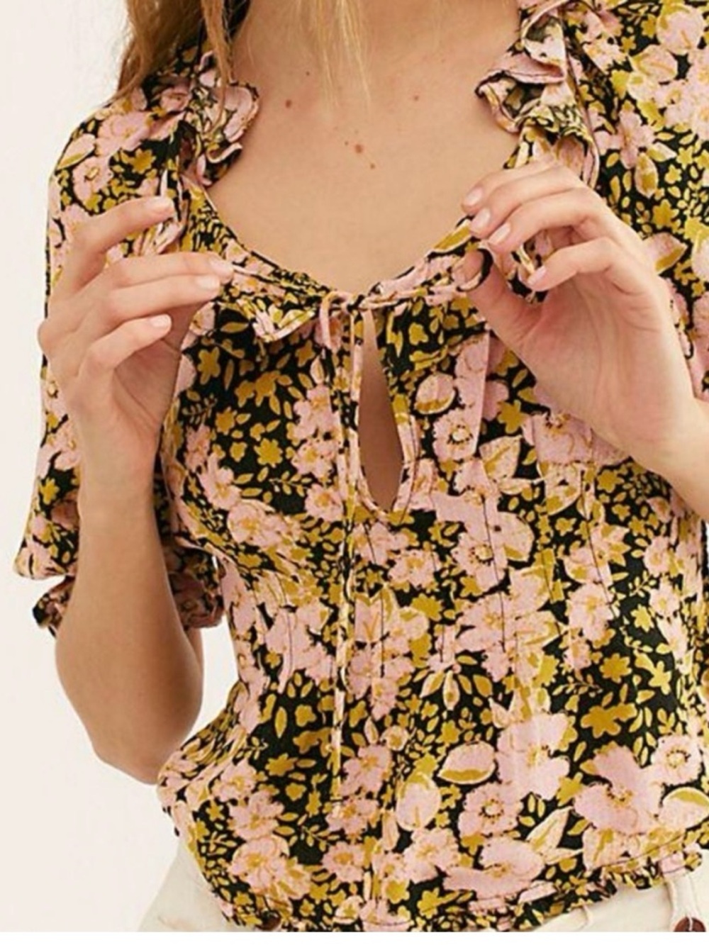 Free People Floral Ruffle Peasant Blouse
